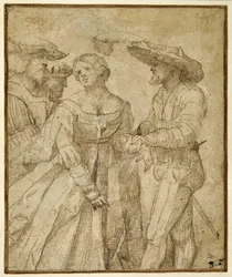 Scène de galanterie : quatre personnages devant un paysage