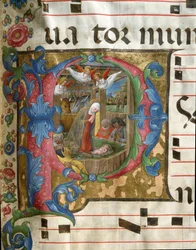 Lettrine P décorée représentant la Nativité en miniature par Girolamo da Cremona du chœur de la cathédrale de Sienne. 15ème siècle