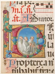 Enluminure de manuscrit avec des moines chantant dans une initiale D, d