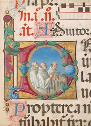 Enluminure de manuscrit avec des moines chantant dans une initiale D, d