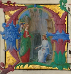 Enluminure de manuscrit avec les saintes femmes au tombeau dans une initiale A..., italienne, vers 1490-1500.