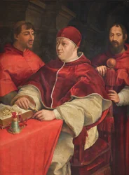 Italien : Portrait du pape Léon X de Médicis avec les cardinaux Giulio de Médicis et Innocenzo Cybo Portrait du pape Léon X avec les cardinaux Giulio de Médicis et Innocenzo Cybo
