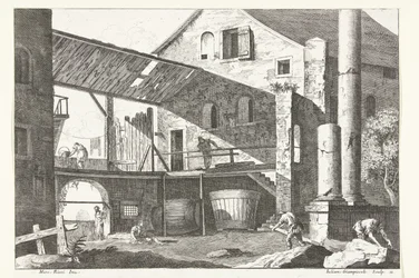 Cour de ferme avec deux grands tonneaux