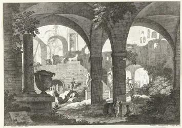 Vue sous des voûtes vers des ruines et des statues avec quelques figures