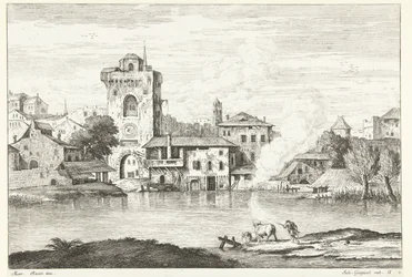 Vue de la ville avec une tour au bord de l