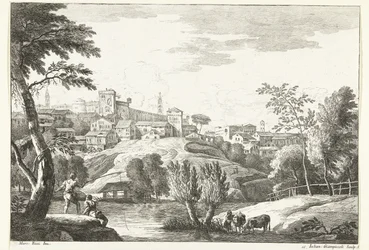 Paysage vallonné avec ville et pêcheur