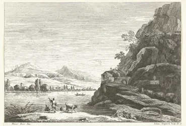 Paysage fluvial avec maison contre un rocher (Italiaanse landschappen)