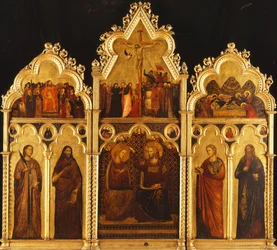 Un retable en trois parties : centre : Le couronnement de la Vierge