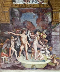 Chambre de Psyché, mur nord : Vénus et Mars se baignant ; Éros et quelques cupidons assistent au bain de la déesse (fresque)