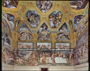 Chambre de Psyché : vue du mur ouest, avec le Banquet rustique (fresque)