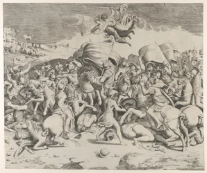 Constantin vainquant le tyran Maxence, des anges portant des épées volent au-dessus, 1544
