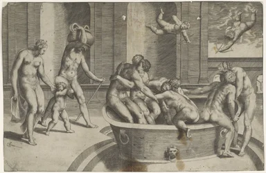 Hommes et femmes dans une grande baignoire
