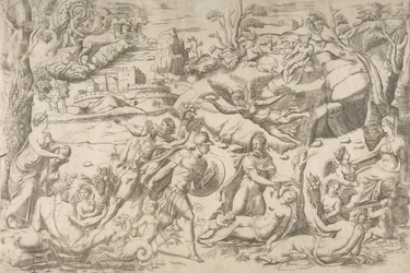 Mars et Rhéa Silvia : au centre Mars tient un bouclier et une épée, Rhéa Silvia dort..., vers 1531-76