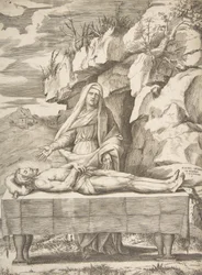 Pietà, Christ étendu sur une table dans un paysage, la Vierge debout derrière bras ouverts, 1531-76