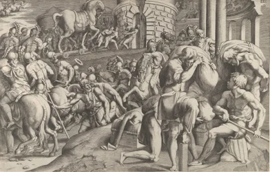 Les Troyens tirant le cheval de bois dans Troie, 1545