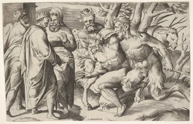 Deux satyres conduisant Silène au roi Midas, qui se tient à gauche avec deux assistants masculins