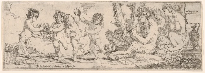 Bacchanale avec satyre jouant du luth et entouré de quatre figures, qui regardent vers un satyre, 1640-60