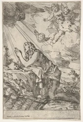 Madeleine pénitente agenouillée sur un sol rocheux devant un crâne et des os, une pommade..., vers 1640-55