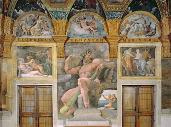 Olympia séduite par Jupiter, Polyphème gardant Acis et Galatée, Pasiphaé entrant dans la vache construite par Dédale, de la Sala di Amore e Psiche