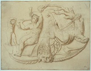 Satyre avec deux cornemuses, Putto et femme buvant de l
