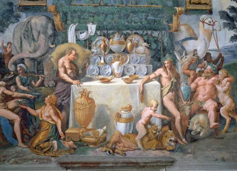 Le noble banquet célébrant le mariage de Cupidon et Psyché, détail montrant Dionysos et Silène à droite d