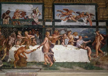 Festin de mariage ou Banquet des dieux, fresque de Giulio Romano, mur ouest de la Chambre de Cupidon et Psyché, Palazzo Te, Mantoue (Liste du patrimoine mondial de l