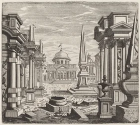 Fantaisie architecturale avec obélisques, ruines et une piazza
