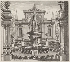 Jardin fantastique avec une fontaine et un pavillon de jardin