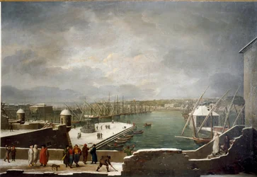 Vue du port de Gênes couvert de neige