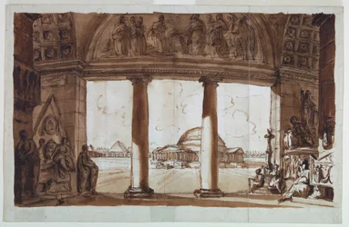 Chapelle sépulcrale vue à travers une colonnade