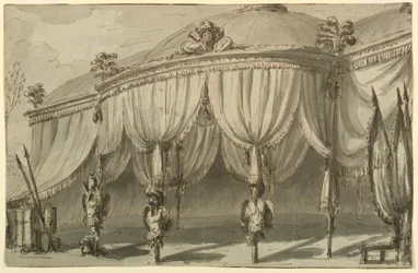 Décor de scène, un pavillon avec des trophées de guerre