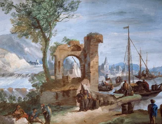 Vue imaginaire : Port avec ruines et cascade