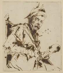 Homme assis à mi-corps portant un chapeau à plumes et tenant un crâne (?) dans sa main gauche