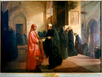 Dante Alighieri remet à Frère Ilario un cahier contenant une partie de la Divine Comédie.