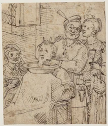 Trois personnages en costume de carnaval/comedia del arte dans une boutique de barbier se moquent d