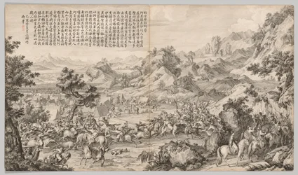Attaque du camp à Gatan Ola : des scènes de bataille de la répression des rébellions..., c. 1765-1774