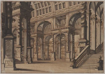Salle voûtée monumentale avec escalier