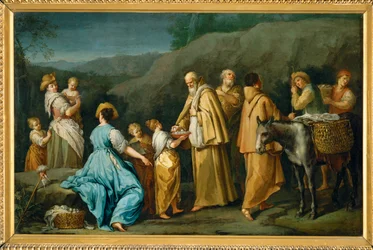 Religieux queteurs a qui une jeune fille donne des oefs - Mendicant friars to whom a little girl offers eggs …