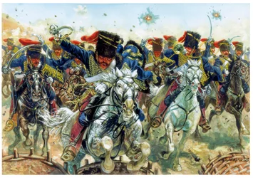 Guerre de Crimée : la bataille de Balaklava du 25/10/1854, la charge de la cavalerie anglaise - Guerre de Crimée : la charge de la cavalerie britannique lors de la bataille de Balaklava livrée le 25 octobre 1854 - Illustration de Giuseppe Rava
