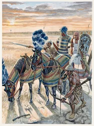 Antiquité égyptienne : représentation du pharaon Ramsès II (1304-1213 av. J.-C.) avec son armée