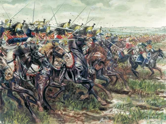 Premier Empire (1804-1814) : la charge des cuirassiers de la Grande Armée de Napoléon Ier - Illustration de Giuseppe Rava