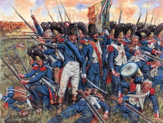 Guerre napoléonienne : la Grande Armée à la bataille de Waterloo le 18 juin 1815 poussée dans ses derniers retranchements (illustration de Giuseppe Rava)