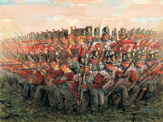 Guerres napoléoniennes : Soldats anglais pendant la bataille de Waterloo le 18 juin 1815 - Illustration de Giuseppe Rava