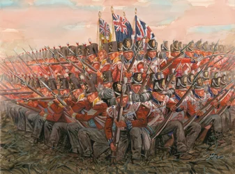 Guerres napoléoniennes : soldats anglais pendant la bataille de Waterloo 18 juin 1815 - Illustration de Giuseppe Rava