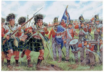 Guerres napoléoniennes : soldats écossais et britanniques à la bataille de Waterloo le 18 juin 1815 (illustration de Giuseppe Rava)