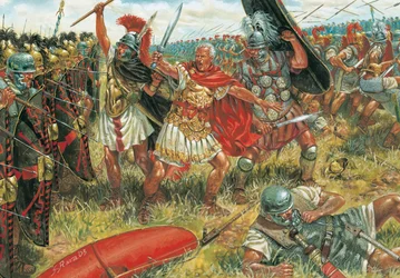 Antiquité romaine : Jules César (100-44 av. J.-C.) remporte la bataille de Munda le 17 mars 45 av. J.-C. en Espagne méridionale contre les partisans de la République - Illustration de Giuseppe Rava