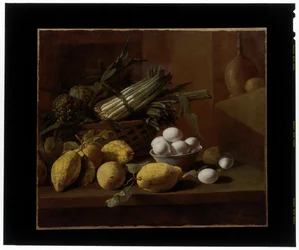 Nature morte de cuisine avec artichauts, asperges, citrons et œufs