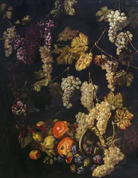 Nature morte avec raisins, feuilles de vigne et autres fruits