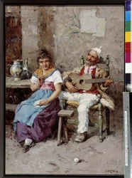Scène de taverne Peinture par Giuseppe Sartori (1863-1922) Mention obligatoire : Collection fondation regards de Provence, Marseille