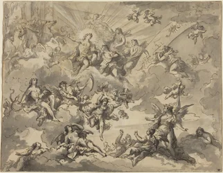 Apollon et les Muses (plume et encre noire avec lavis gris sur graphite sur papier vergé)